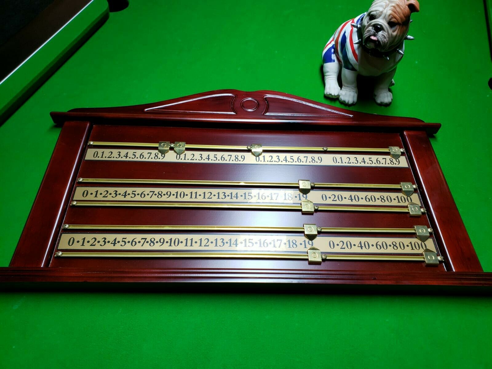 Top quality snooker scoreboard for 4 players, mahogany finish, brass rails/pointers