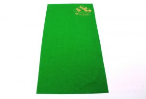 HAINSWORTH pool table racking cloth GREEN with GOLD 8 ball print and GOLD EPA rules set up