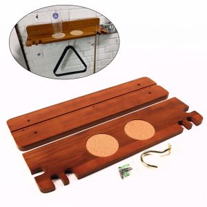 Wall mounted luxury wooden cue stand/rest with drinks holders and brass hook. Holds up to 6 cues, drinks and triangle