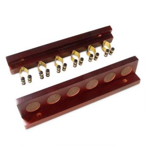 Wall mounted MAHOGANY FINISH 4 way cue rack to hold FOUR cues, sturdy wood with brass clips
