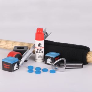 Cue accessory kit with chalks, chalk holder, tip glue, tip clamp, tips, shaper, pad