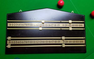 Top quality wooden scoreboard with a mahogany finish and brass sliders and point markers for up to 4 players