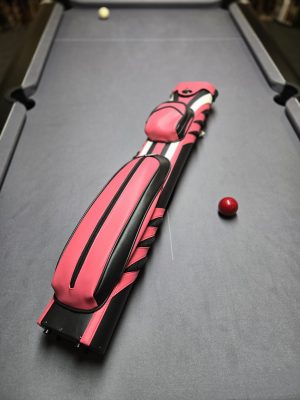 Premium cue case for centre jointed cues.. holds up 4 shafts and 2 butts, Robust case in a hard wearing Pink, Black and White sport finish
